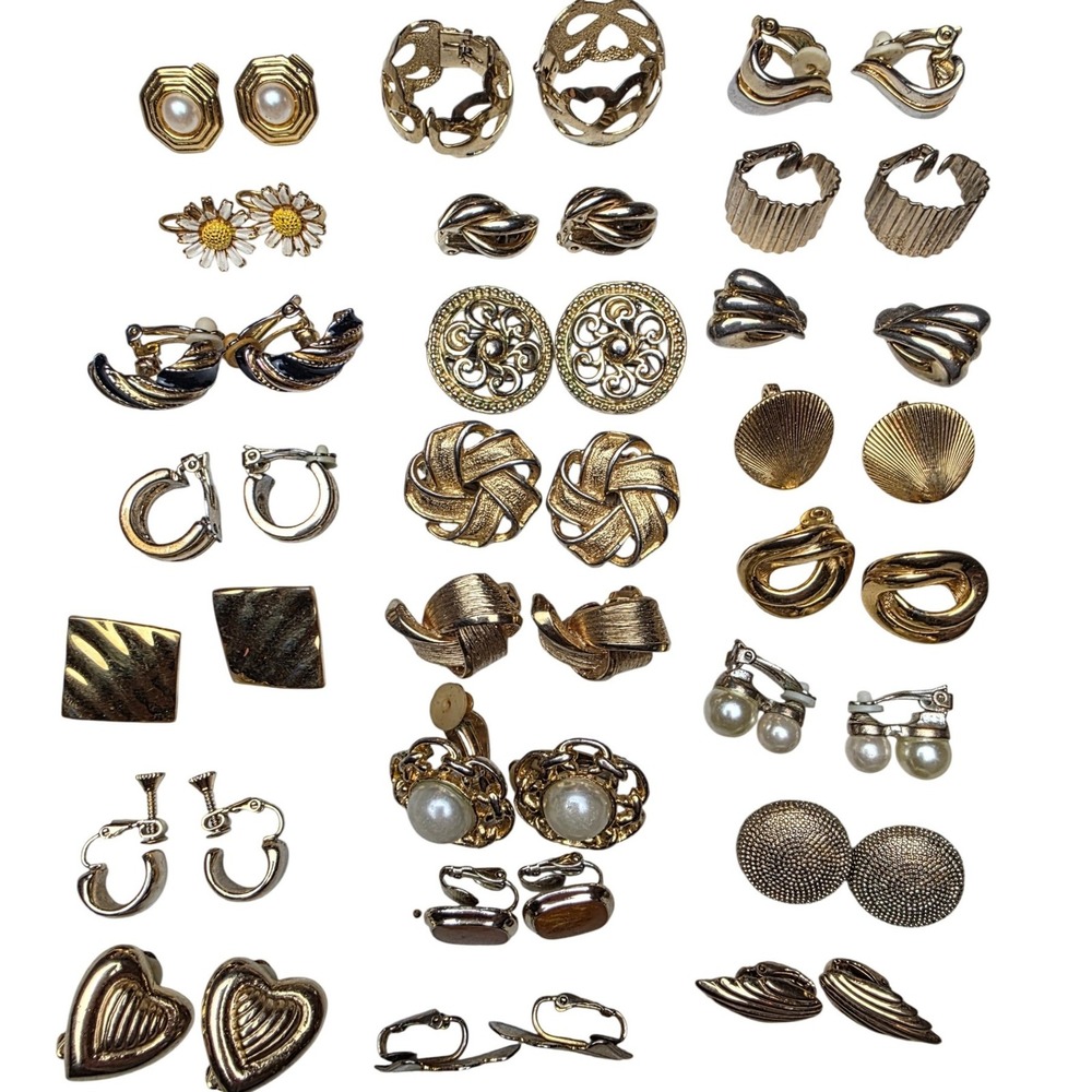 Vintage Clip On Earrings Lot Gold Silver Tone Pearl Faux Enamel Retro 20 Pair A5